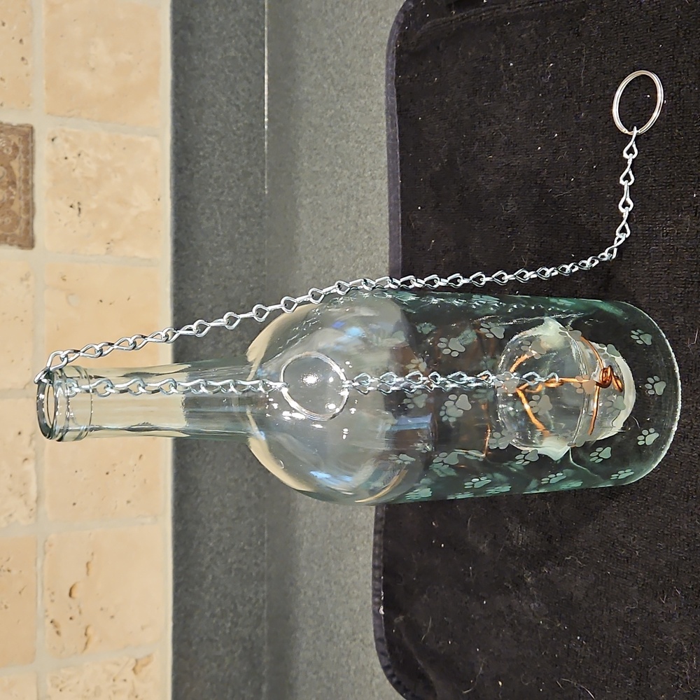 Paw Print Design Glass Wine Bottle with Tea Candle Holder